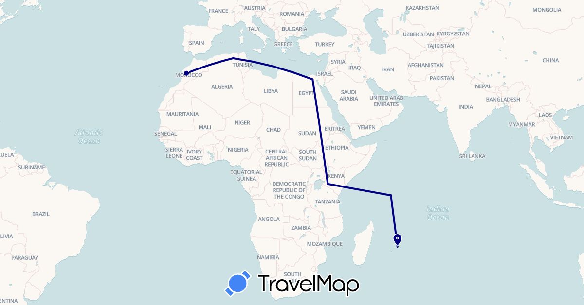 TravelMap itinerary: driving in Algeria, Egypt, Kenya, Morocco, Mauritius, Seychelles (Africa)